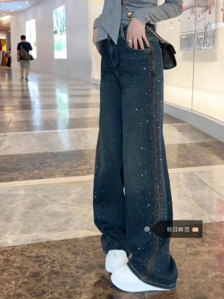 Retro Hot Stamping Jeans for Women Autumn New High Waisted Casual Wide Leg Pants Trendy Shiny Denim Straight Leg Trousers
