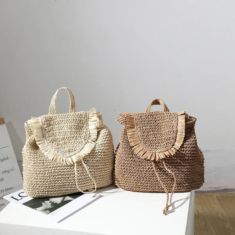 Women Backpack Straw Weaving Tassel Decoration Solid Color Fresh Simple Casual Daily Versatile Large Capacity Beach Vacation Bag