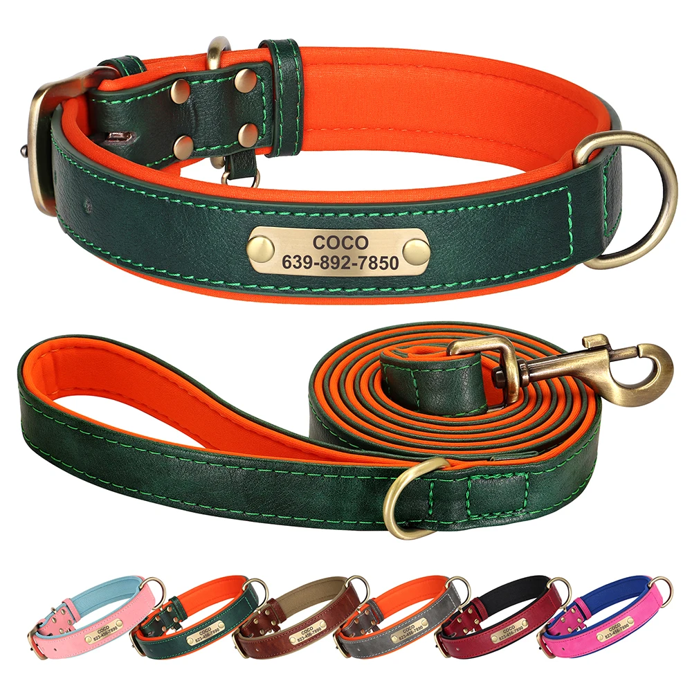 

Personalized Leather Dog Collar Leash Set Soft Padded Dogs Collars With Pet Walking Lead Rope For Small Medium Large Dogs Pug