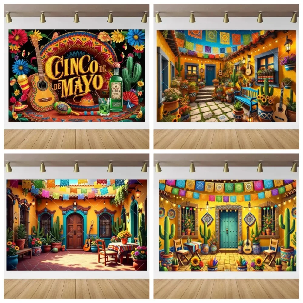 

May 5th Mexico Carnival themed decoration banner background, cactus guitar birthday party photography studio background props