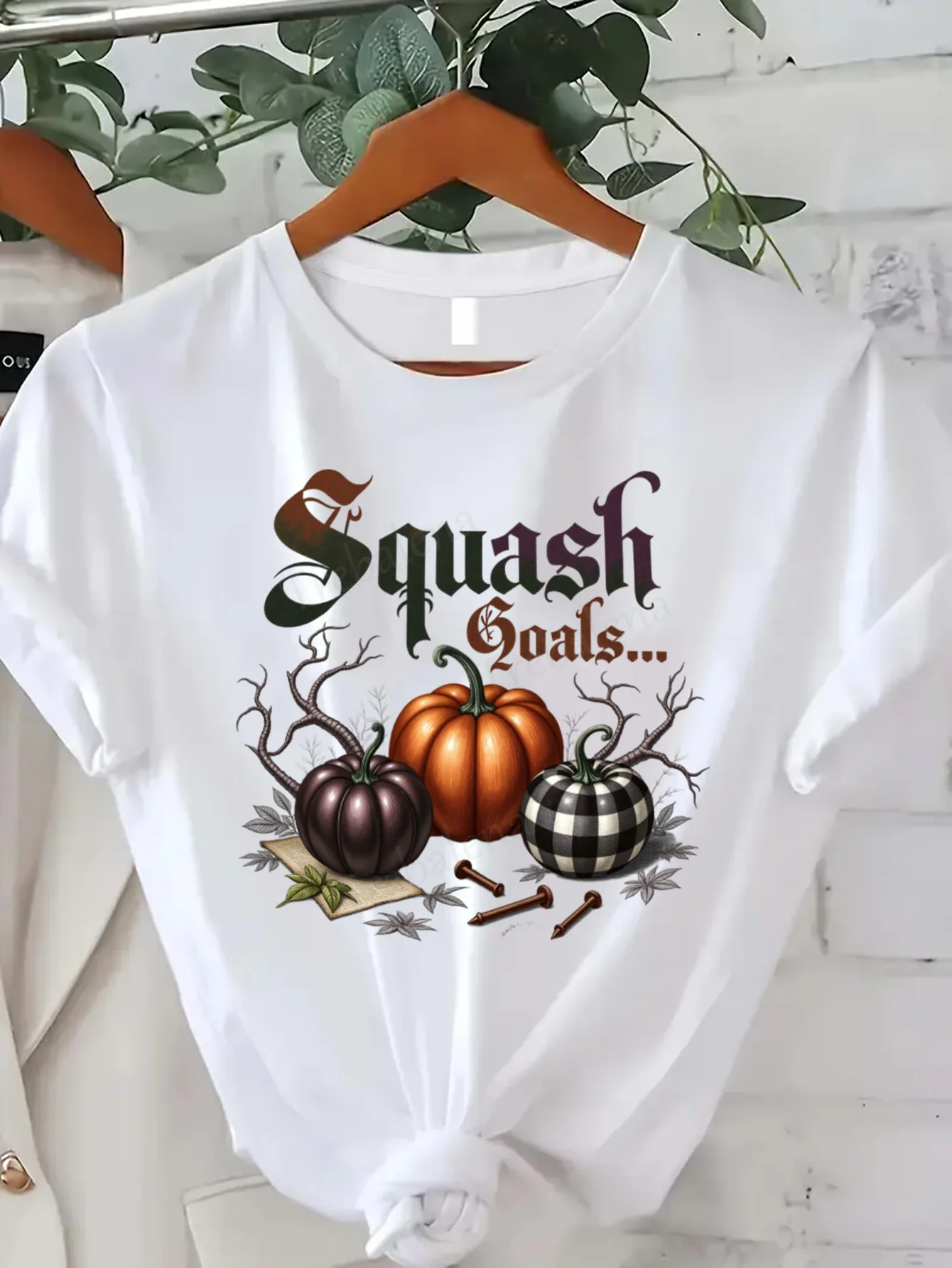 

Футболка с круглым вырезом Squash Goals Осенняя футболка с нашивкой в виде тыквы Женская повседневная осенняя рубашка больших размеров Футболка с короткими рукавами Модный повседневный топ