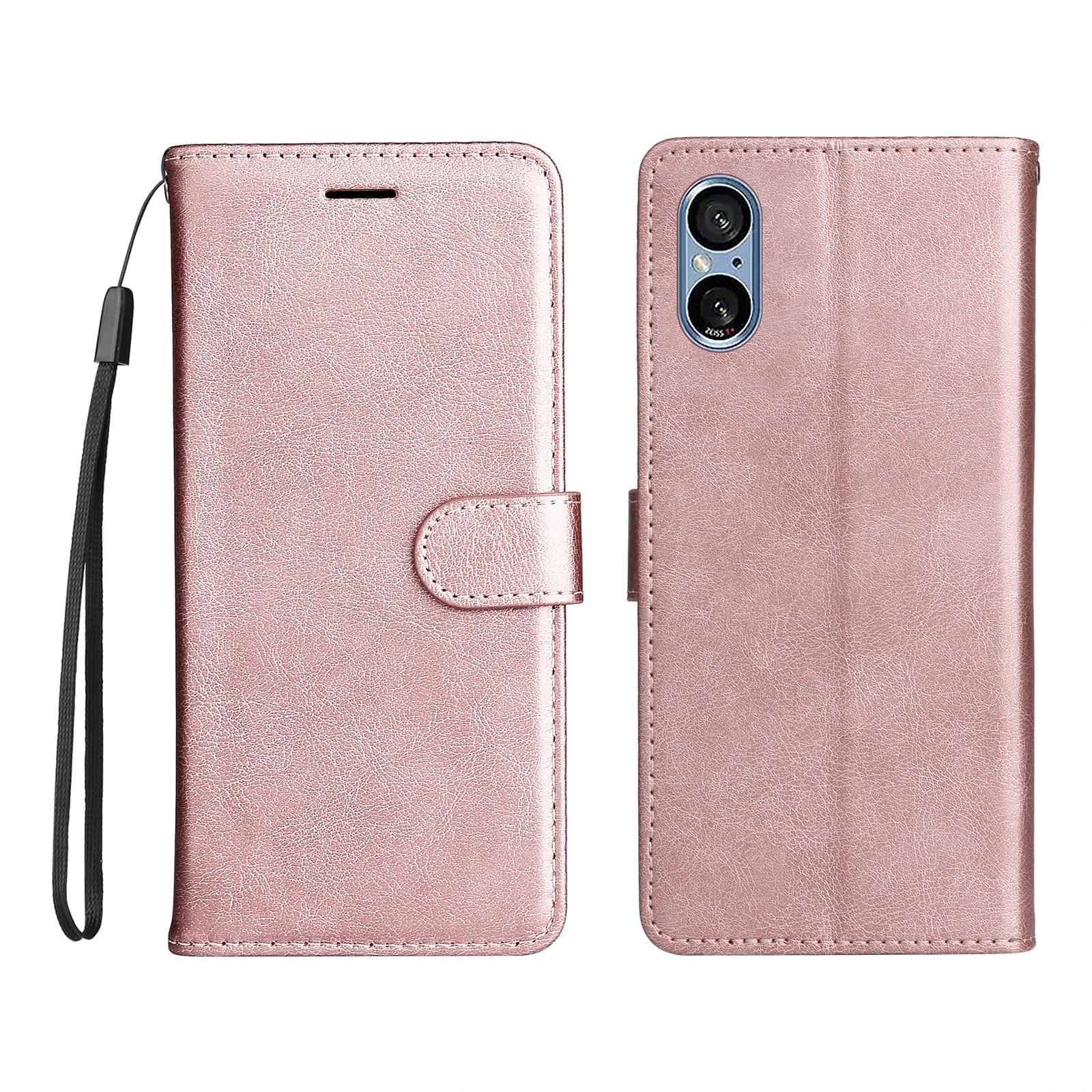 

Для Sony Xperia 10 VI кожаный чехол-кошелек с ремешком, однотонный чехол-подставка для телефона - розовое золото