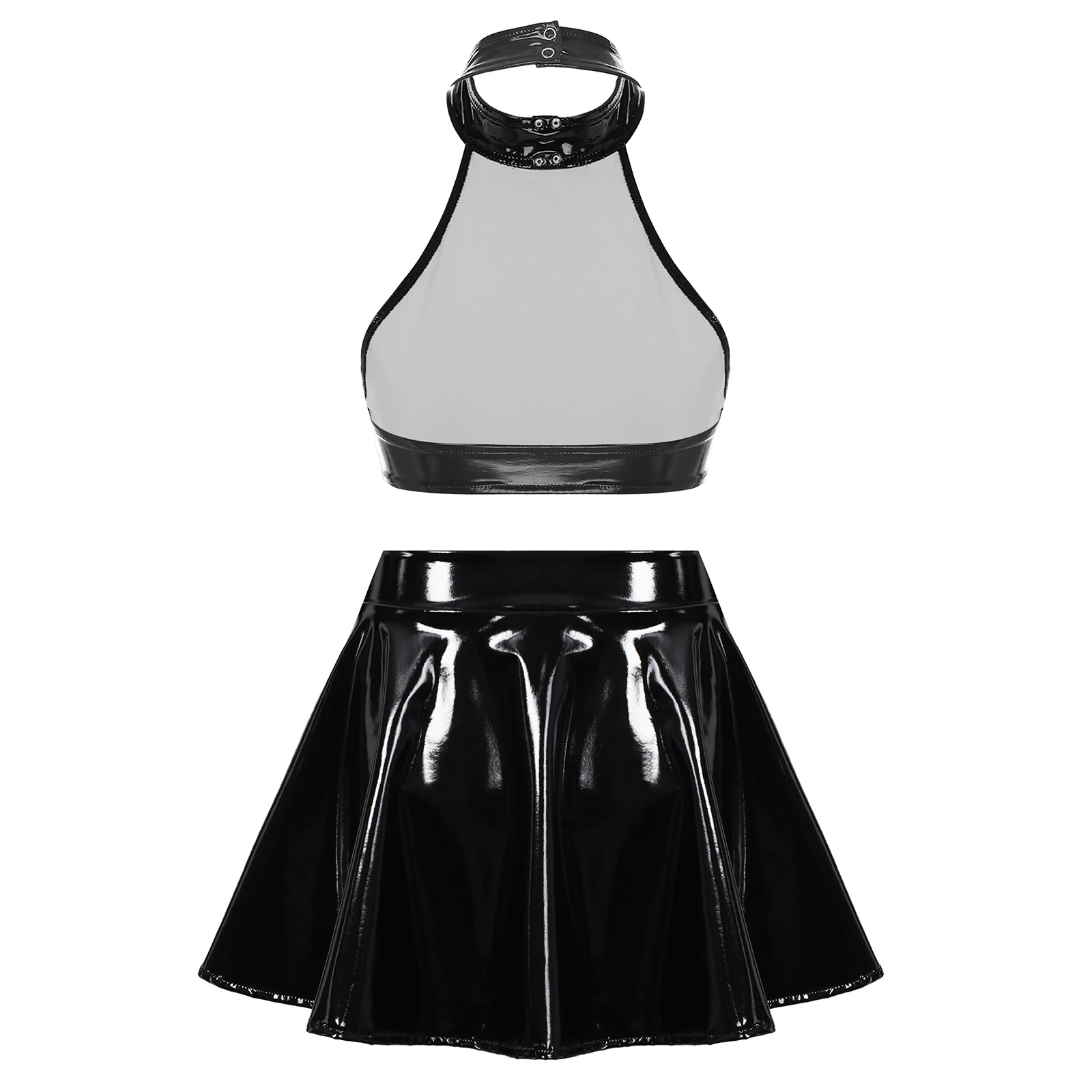 Womens Patent Leather Crop Top with Invisible Zipper Flared Skirt Pole Dance Costume Clubwear Festival Rave Party Outfit