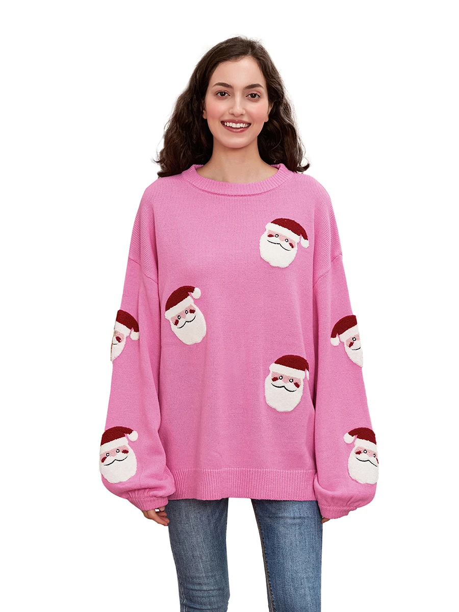 Women s Christmas Loose Sweater Santa Claus Embroidery Long Sleeve Round Neck Knitwear Pullover