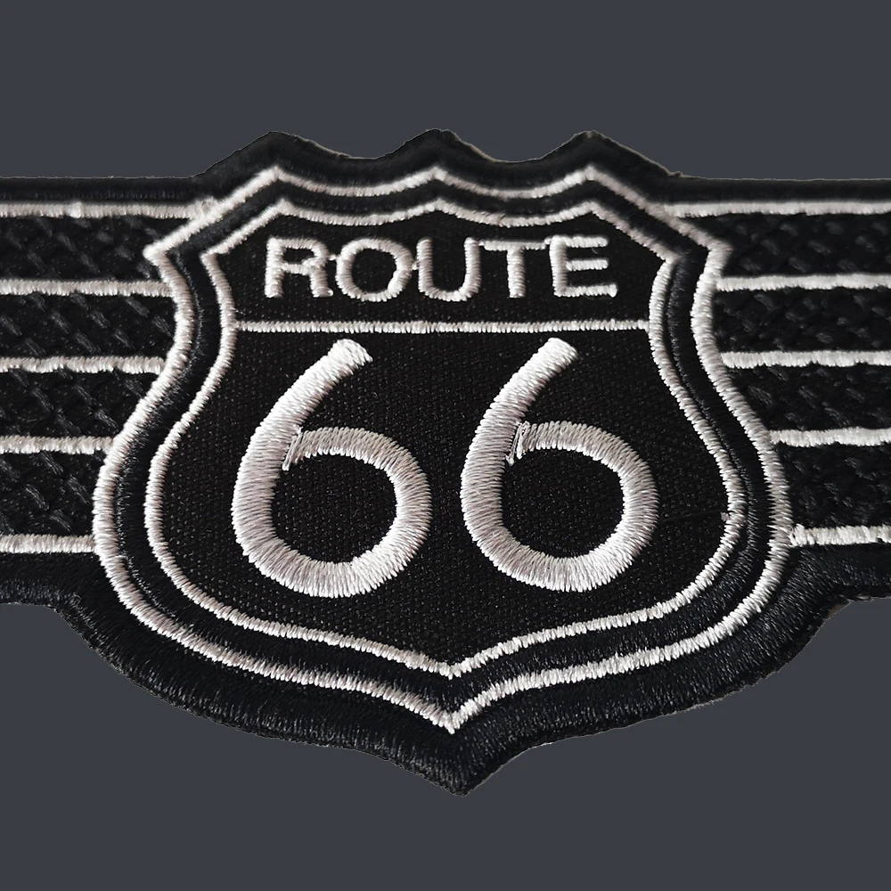 10 Inches  ROUTE 66 Embroidery Patches White On Black For Jacket Motorcycle Biker 26cm * 6 cm Needwork Sew On Accessories