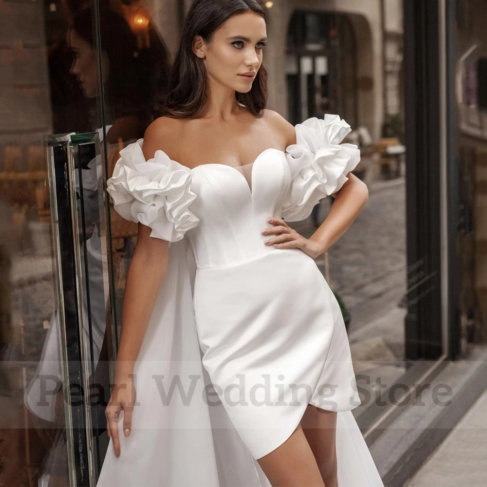 Modern Mini Wedding Dress Classic Satin Sheath Sweetheart with Puff Cloak Sweep Train Bridal Civil Above Knee Marriage Gowns