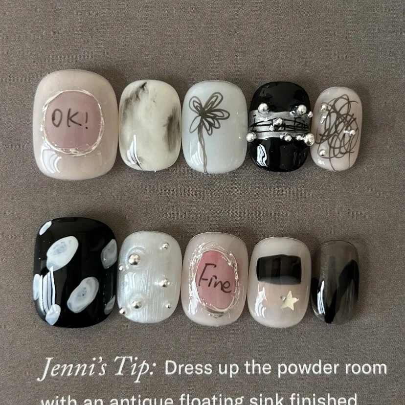 

24PCS Short Square Press on Nails Sweet Beach Flower Graffiti Dot Star Metal Rivet False Nails Y2K Cool Style Reusable Manicure