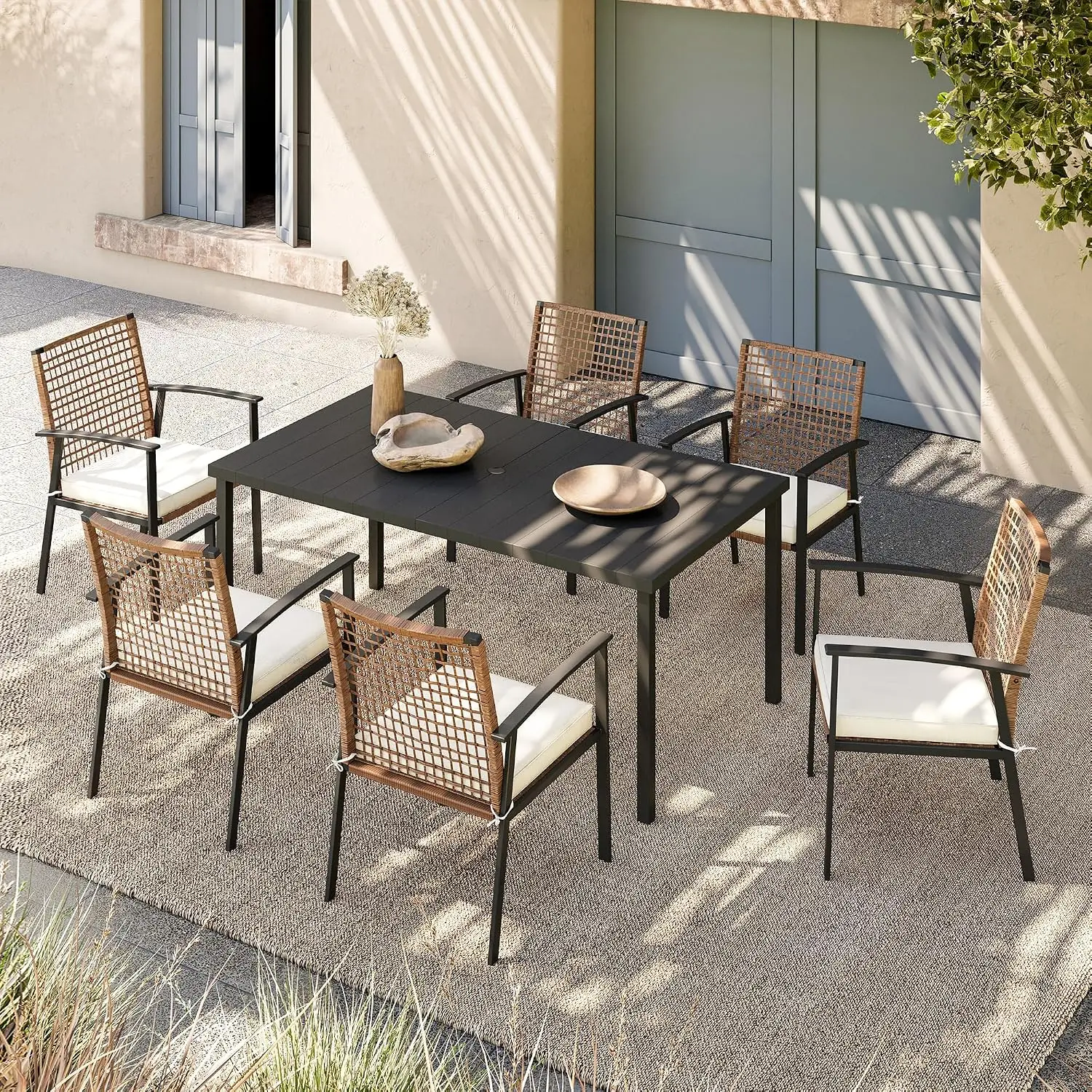 7 Pieces Patio Dining Set 6 Chairs With Cushion Iron Slats Table Umbrella Hole For Backyard Garden Poolside, Customized