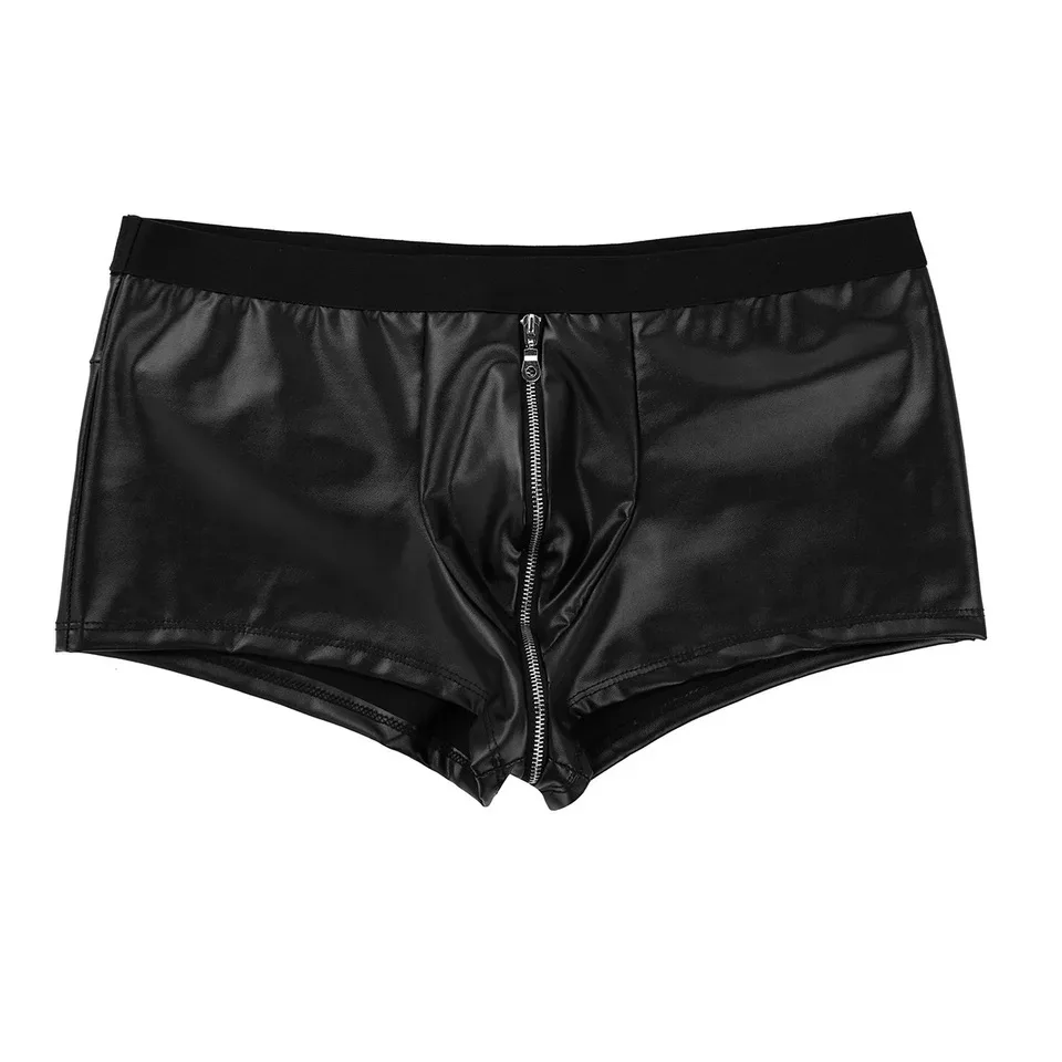 Mens Plus Size Boxers Bright Patent Leather Lingerie Show Package Hip Underpants U-Zipper Open Crotch Undershorts Sexy Underwear