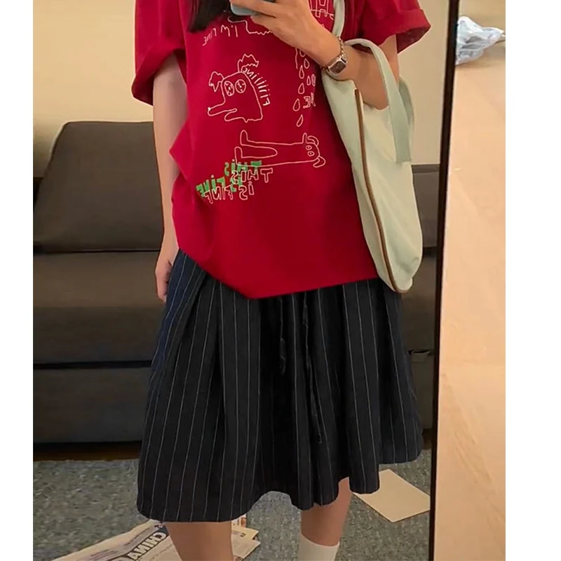 

Harajuku Striped Denim Shorts Women Japanese Vintage Wide Leg Shorts Jeans Summer Aesthetic Elastic High Waist Baggy Short Pants