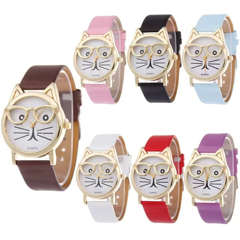

Женские часы с кошачьим лицом, креативный дизайн с пряжкой на ремне, модные наручные часы, милые мультяшные очки «кошачий глаз», новинка