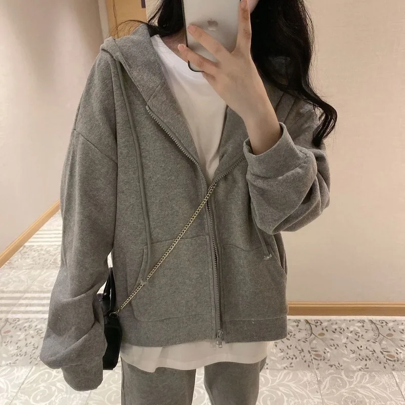 Women Gray Sets ThickeningThicken Warm Hooded Zipper Coats Loose Casual Trousers Simple Fashion All-match Korean Ulzzang Daily