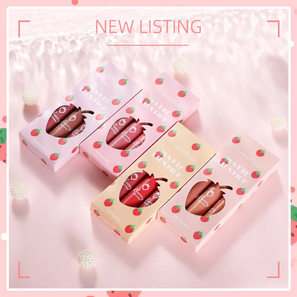 3 ชิ้น Strawberry Lip Glaze Set Velvet Matte Liquid ลิปสติกลิปสติก Non stick Cup