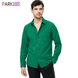 Camisas de vestir verdes para hombre, camisa de manga larga sin arrugas, ajuste Regular, informal, elástica, de negocios, con botones