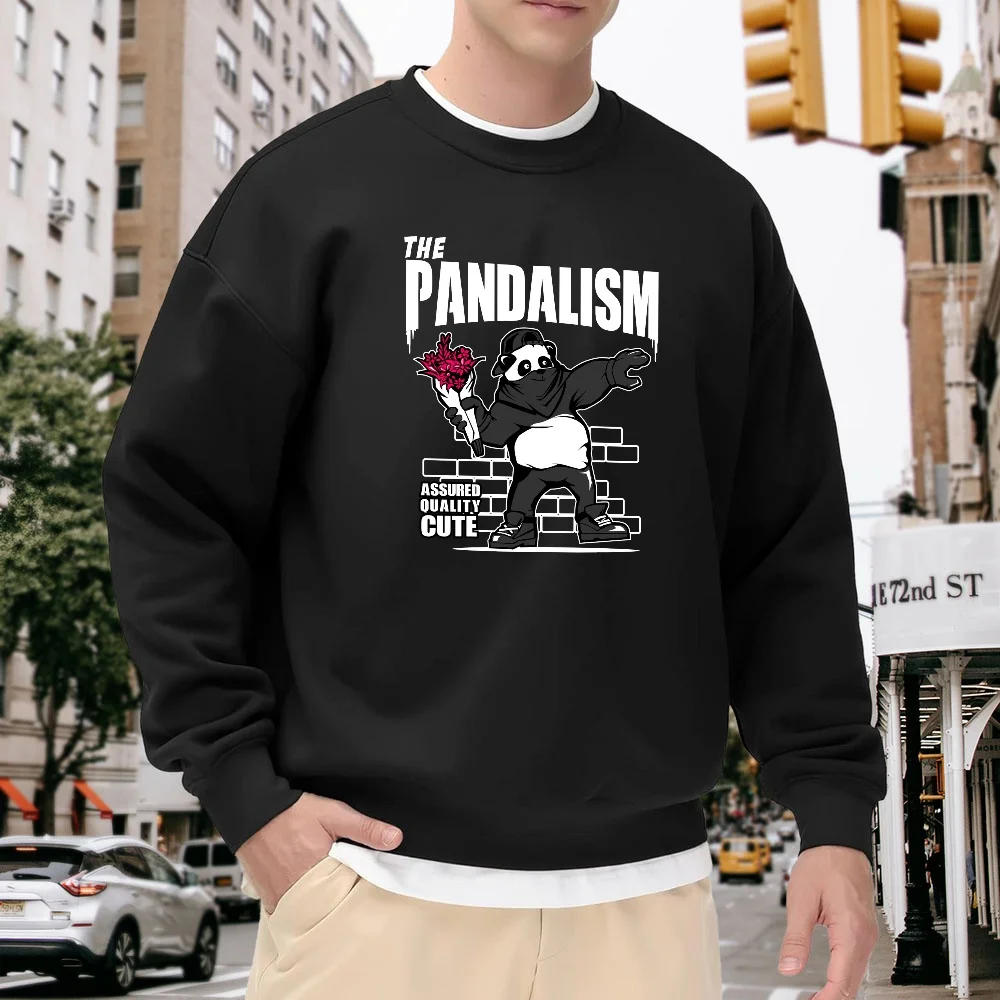 

Men's Black Crew Neck Loose Sweatshirt with Cartoon Panda Print, Street Fashion Brand Top, Casual Versatile Pullover, Comfortable Breathable Trendy Clothing