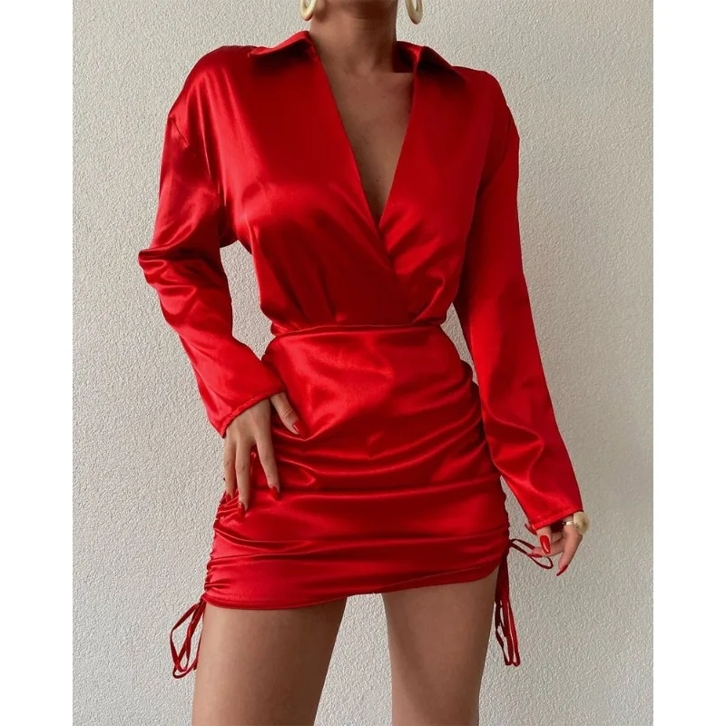 Sexy Frauen Falten Party Hochzeit Hemd Kleid Elegante Chic Langarm Raffen Abschlussfeier Cocktail Bodycon Minikleid Abendkleid