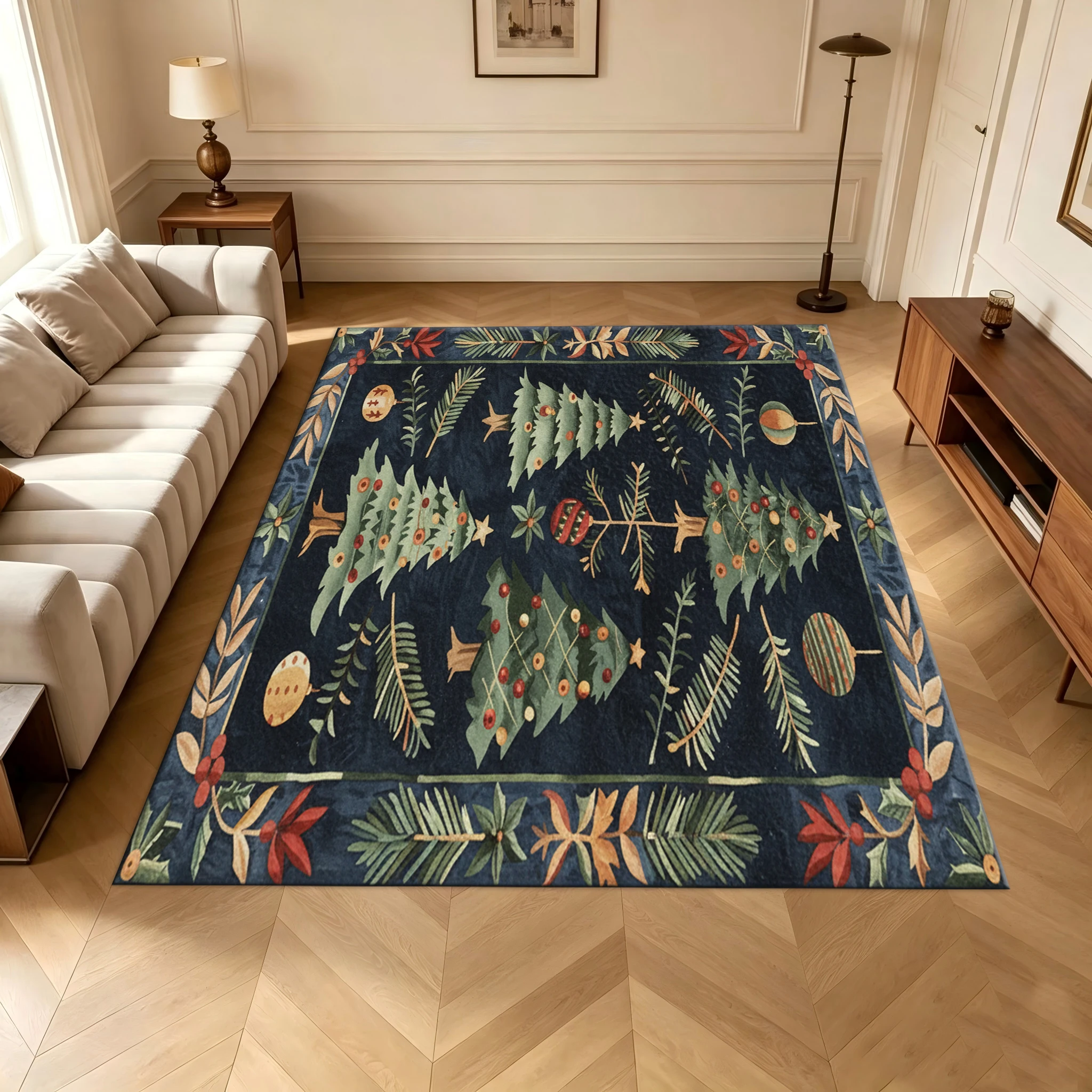 Vintage Christmas Tree Decorative Carpet Winter Holiday Pinecone Berry Border Rug Carpet
