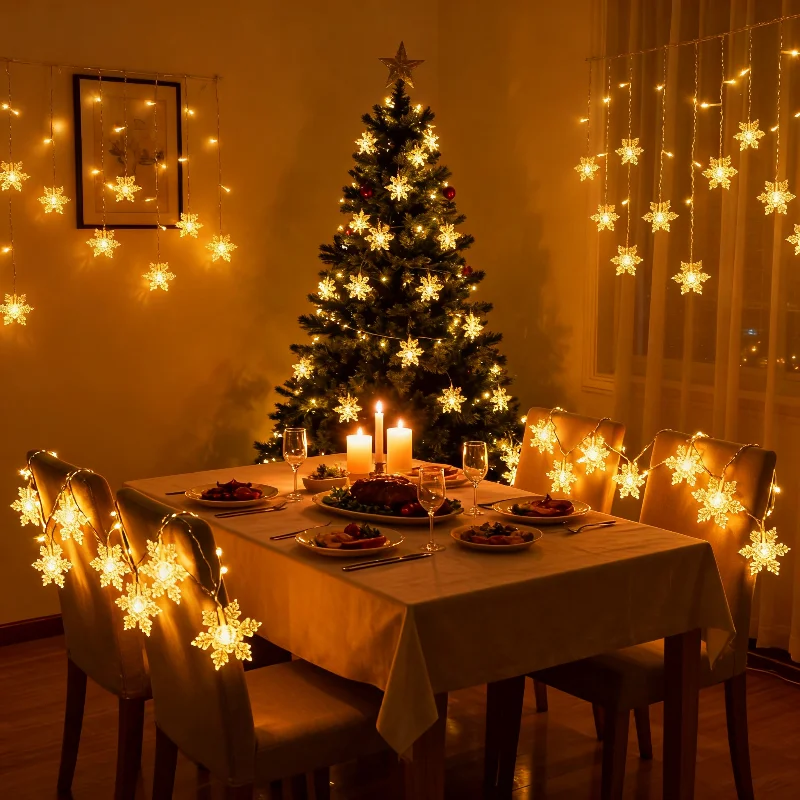 سلسلة إضاءة لتزيين فناء شجرة عيد الميلاد LED، أضواء جو الحفلات الاحتفالية للإبداع، أشكال نجمة مخروطية الثلج على شكل ندفة الثلج