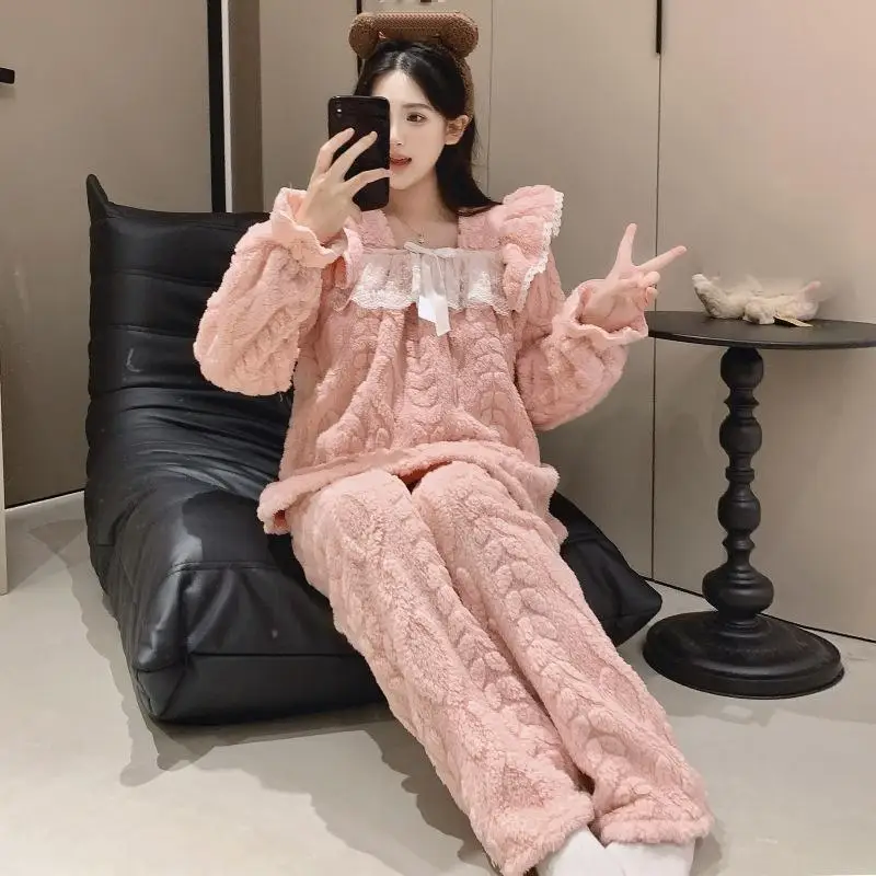 

Women pajamas winter keep warm sweet comfortable Sleepwear homewear thicken Solid Color Cotton Pajama Set coral fleece suit