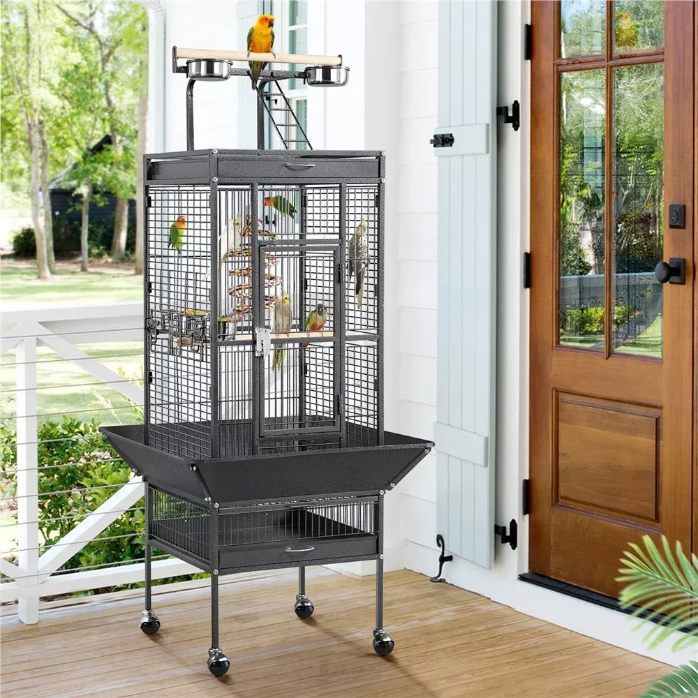 61.5inch Rolling Metal Bird Cage for Cockatiel Lovebird, Black parrot cage  bird house