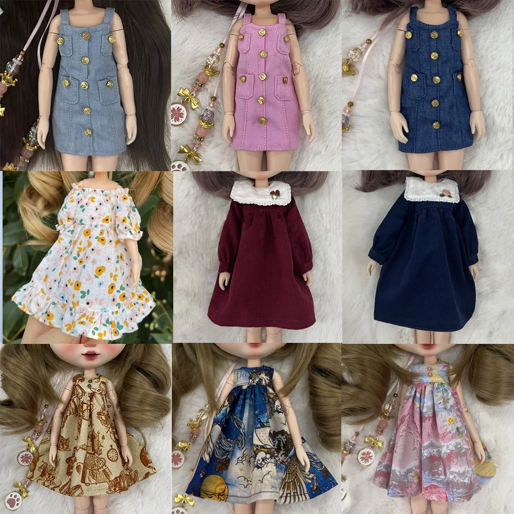 Blyth rok Denim kasual tali gaun panjang Vintage rok bunga terkotak untuk Ymy Licca Azones Ob24 Ob27 aksesoris boneka