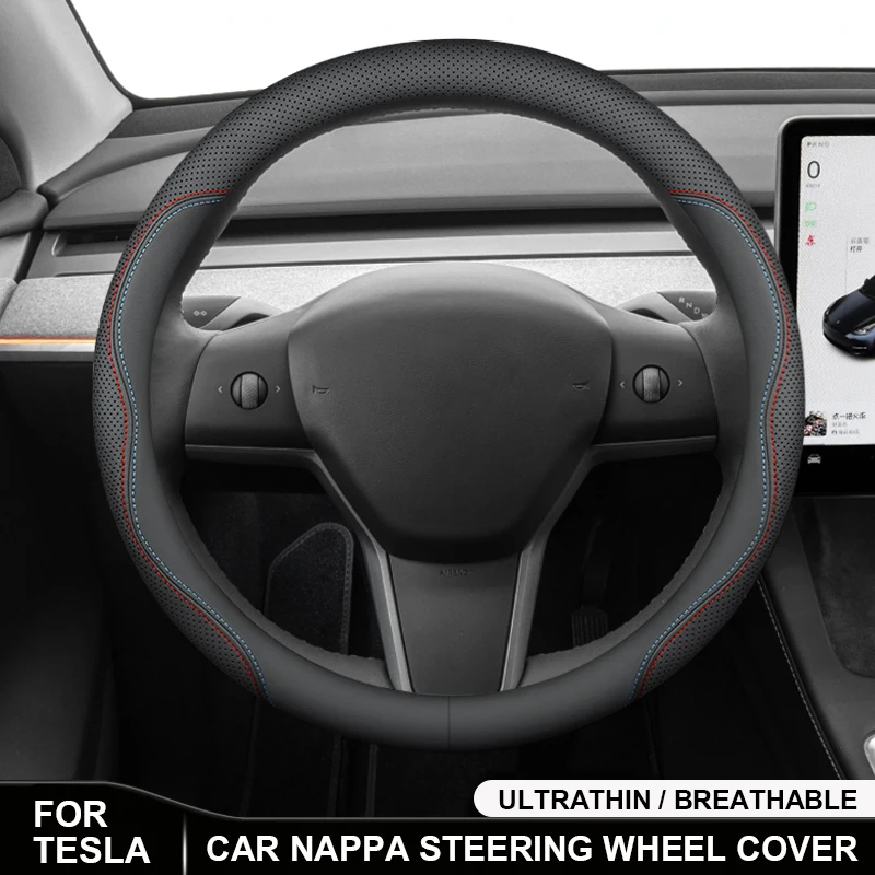 

Fits For Tesla Model 3 Model Y Model X Model S Non-Slip Breathable Nappa Leather Steering Wheel Cover Auto Interior Accessories