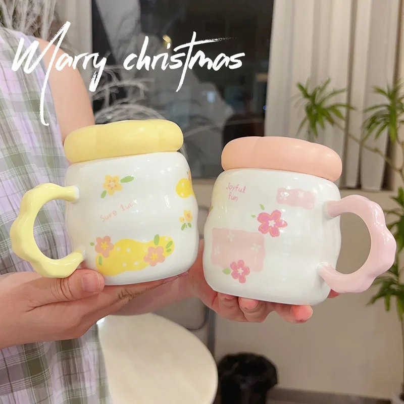 

Flower Ceramic Mug Ins Souvenir Creative Cute Cream Milk Cup Large Capacity Cartoon Cup Coffee Cup