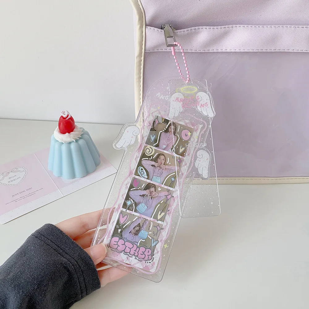 PVC Glitter Transparent Life Four Grid Card Holder Girl Kpop Angel Wings Pendant Long Card Holder Bookmark Card Case image 4