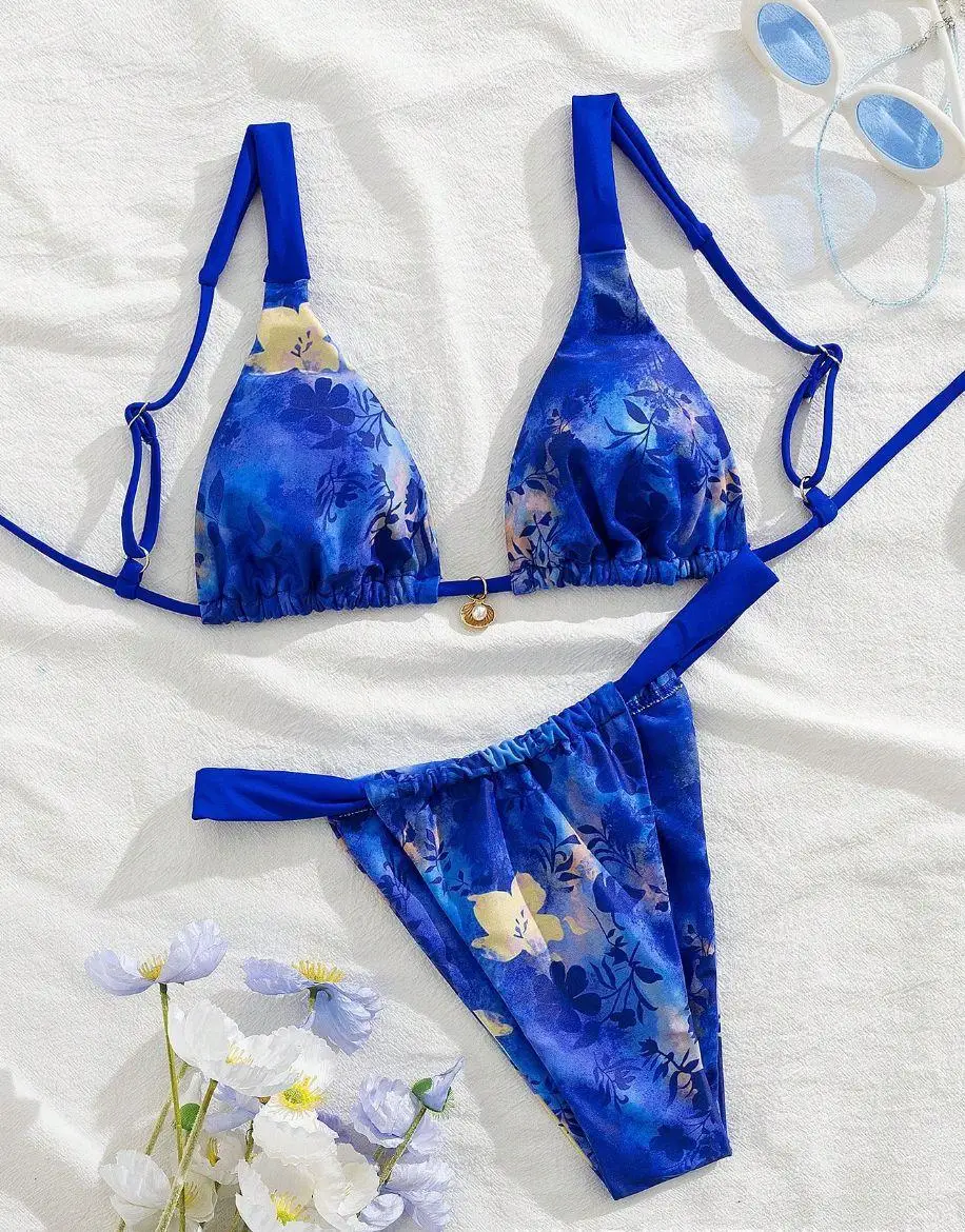Summer Women's Floral Bikini Set Sexy Lace-Up Triangle Top & High Waist Bottom Pure Desire Aesthetic Swimwear Two Pieces Holiday