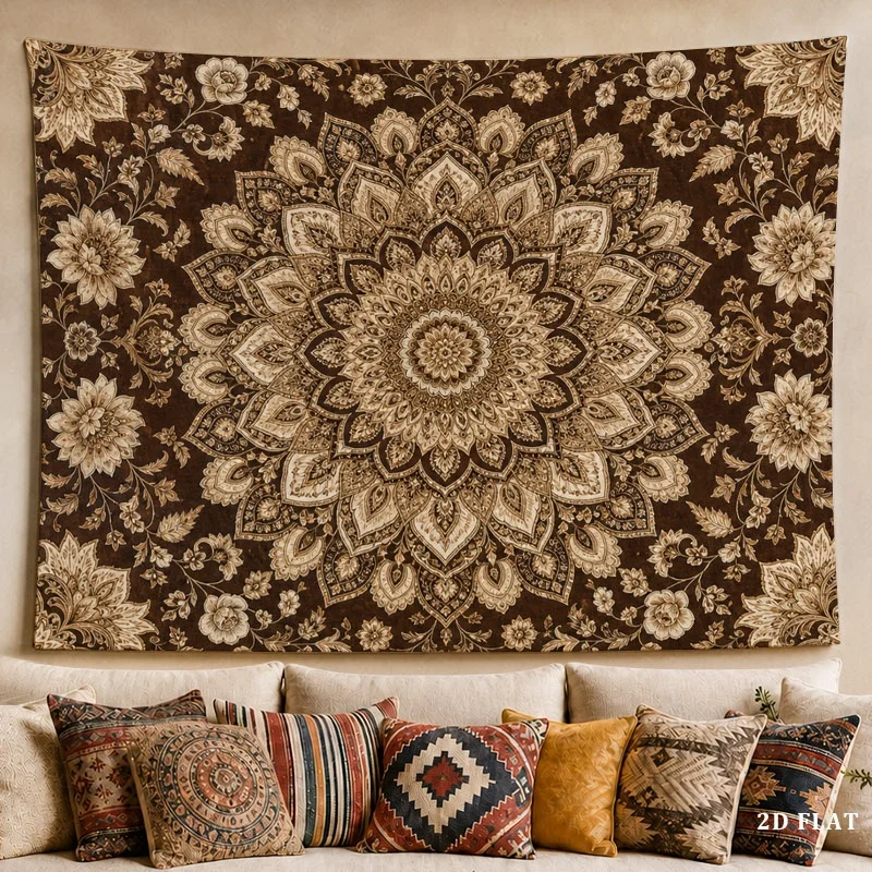 Brown Boho Chic Floral Mandala Tapestry, 100% Polyester Wall Decor for Cozy Home, Living Room, and Bay Window