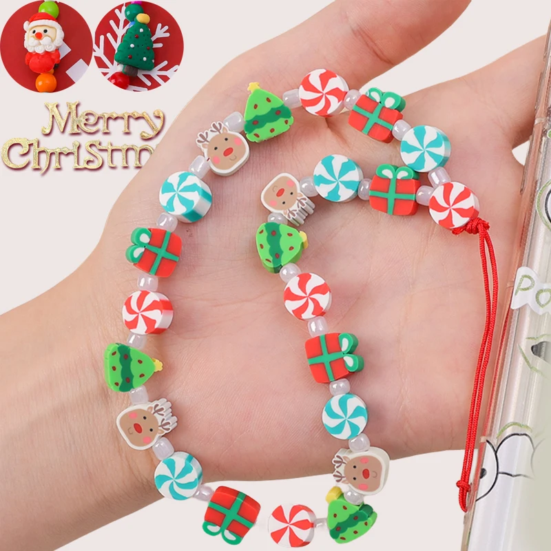 2023 Christmas Decorative Mobile Phone Chain Lanyard Wriststrap for Women Simple Santa Claus Beaded Non-slip Phone Case Rope