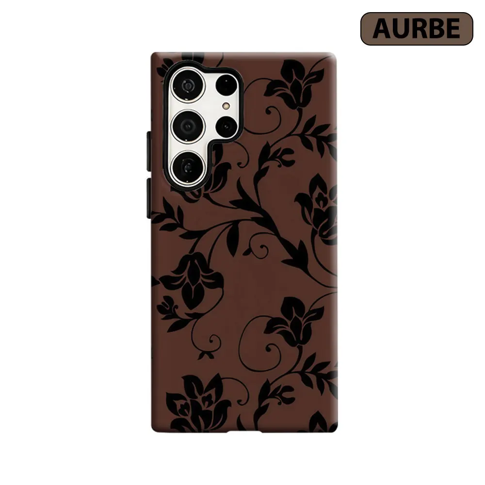 Aurbe Phone Case For Samsung Galaxy S26 S25 S24 S23 Ultra Plus HD Hard Brown Floral Vine Pattern Double Layer Film Cover