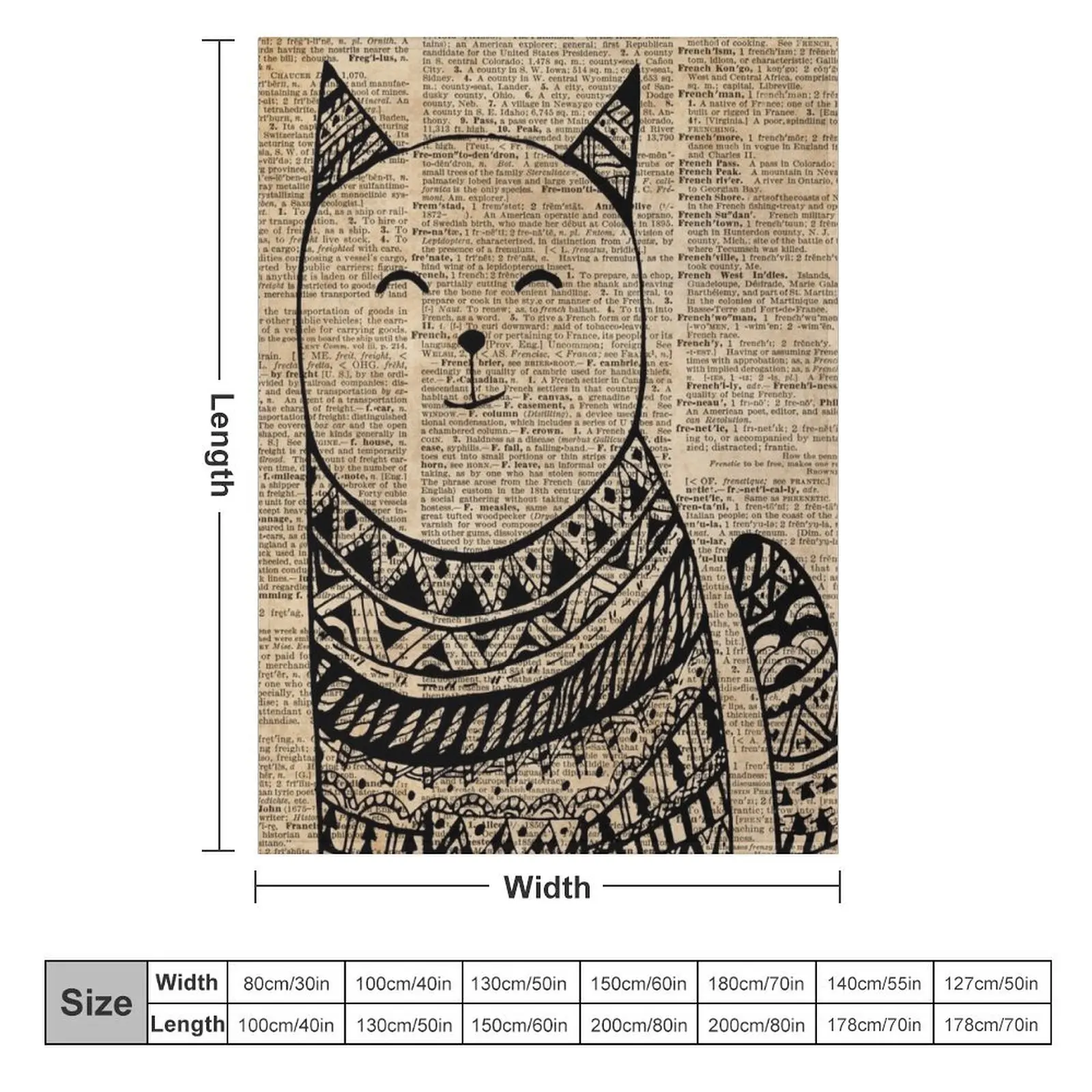 Smiling Cat Pen & Ink Zentagle Dictionary Art Throw Blanket Plaid Stuffeds Blankets