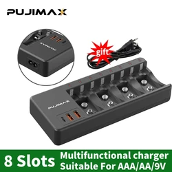 PUJIMAX 8-Slot Multi-charger With AC Cable Battery Charger 1.2V Ni-MH/Ni-Cd/9V Li-ion Rechargeable Fast Charging Charger Safe