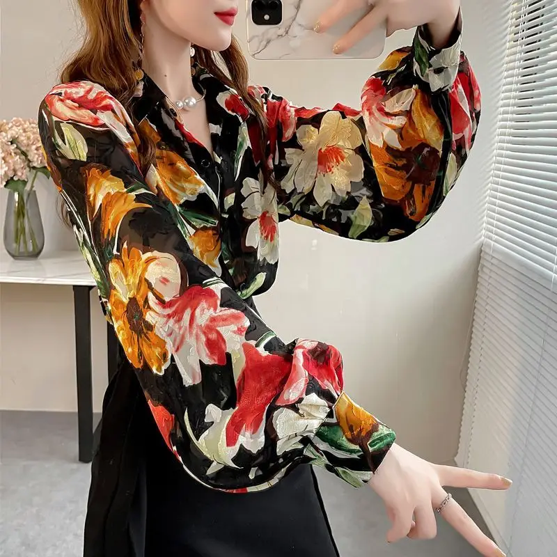 Women\'s Clothing Vintage Floral Printed Shirt Stylish Single-breasted 2023 Spring Long Sleeve Casual Polo-Neck Commute Blouse