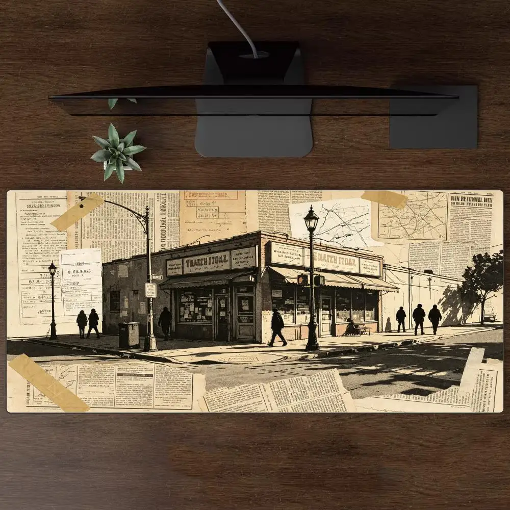 Vintage Street Corner Shop Large Mouse Pad Retro Newspaper Collage City Pedestrian Scene Desk Mat for Office Gaming Decor