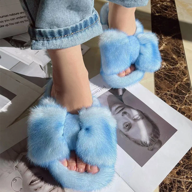 Fur Slippers Ladies Summer Fluffy Mink Fur Slippers 100% Mink Fur  Sandals Home Slippers Girls Outdoor Plush Flip Flops Slippers