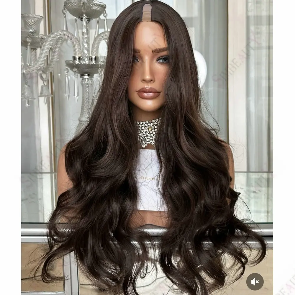 Long Slightly Wave Glueless Remy Human Hair 1x4 Size U Part Wigs 250Density 2# Dark Brown For Black Women Daily Use V Part Wigs