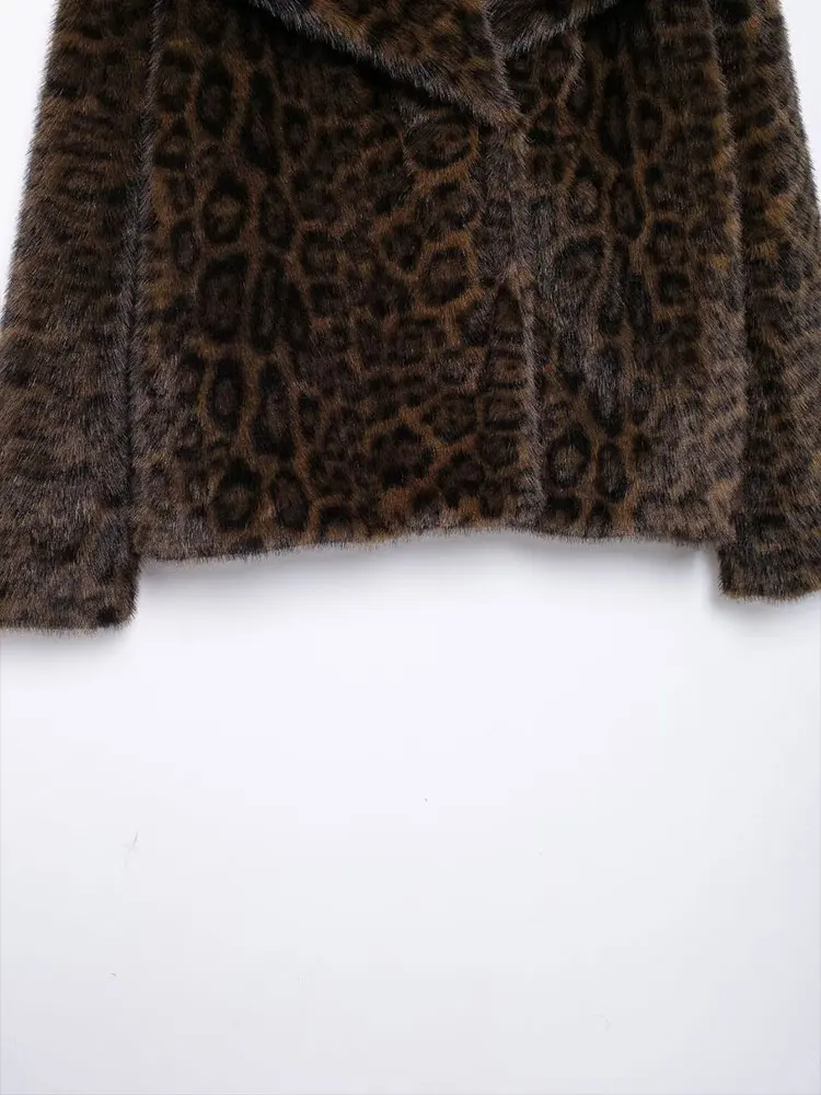 TRAF 2024 Winter Leopard Print Jacket Women Faux Fur Coat Loose Plush Fluffy New Outerwear Long Sleeve Thick Warm Coats