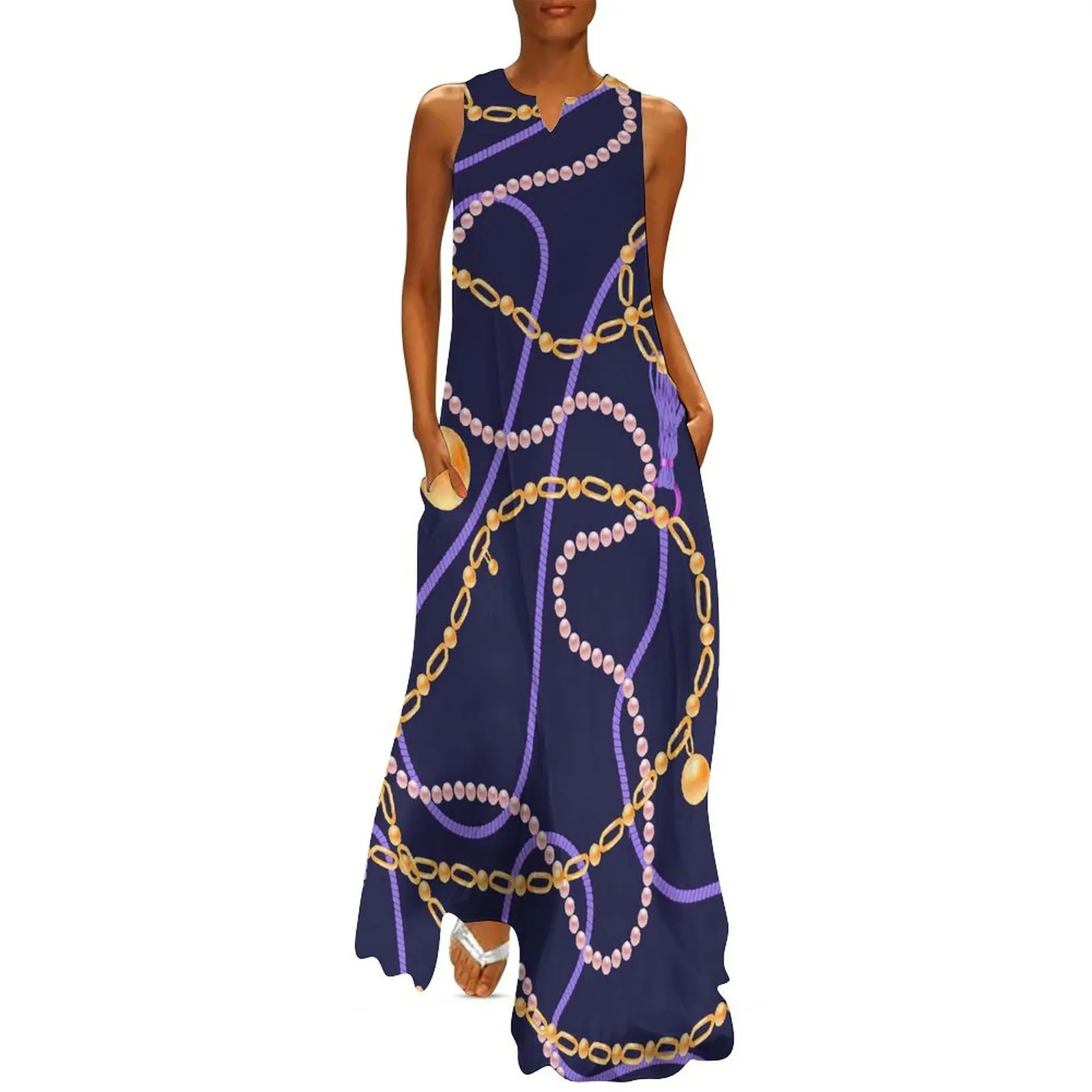 Gold Chains Dress Summer Bead Print Street Wear Casual Long Dresses Woman Pattern Party Maxi Dress Large Size