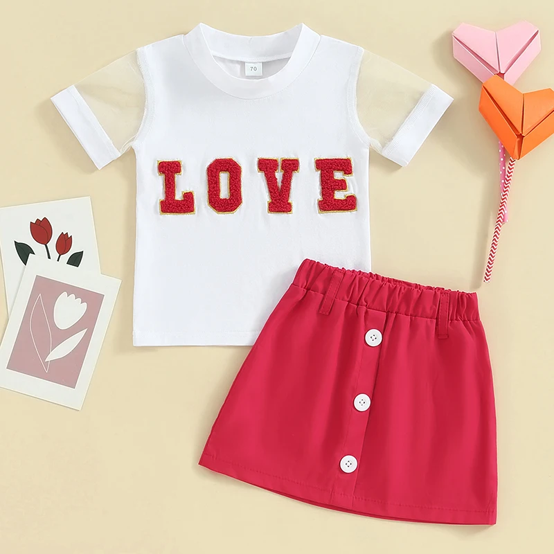 Kids Girls Skirt Set Short Sleeve Crew Neck Letters T-shirt with Elastic Waist Skirt Summer Outfit