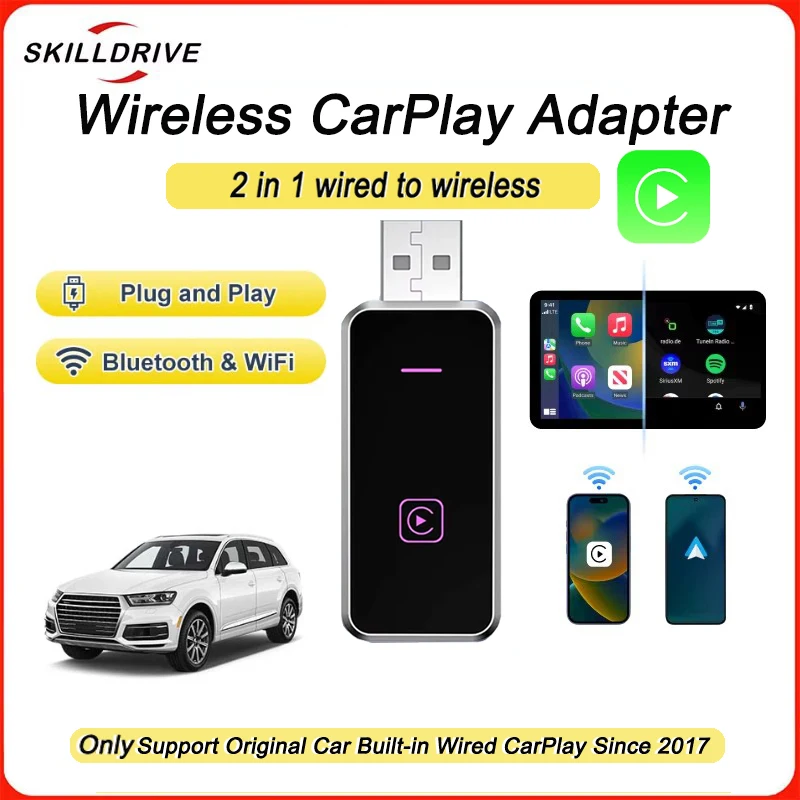 

SKILLDRIVE 2 in 1 Wireless Carplay Adapter With USB Plug and Play Fast Automatic Connection for Audi Toyota Volvo Benz MG Kia