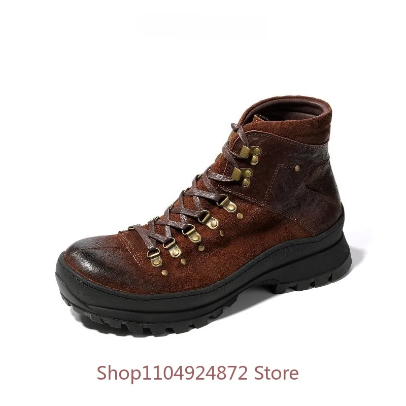 Genuine Leather Hiking Boots Men's Vintage Cow Suede Patchwork High Top Work Boots Thick Sole Non Slip Outdoor Male Ankle Boots