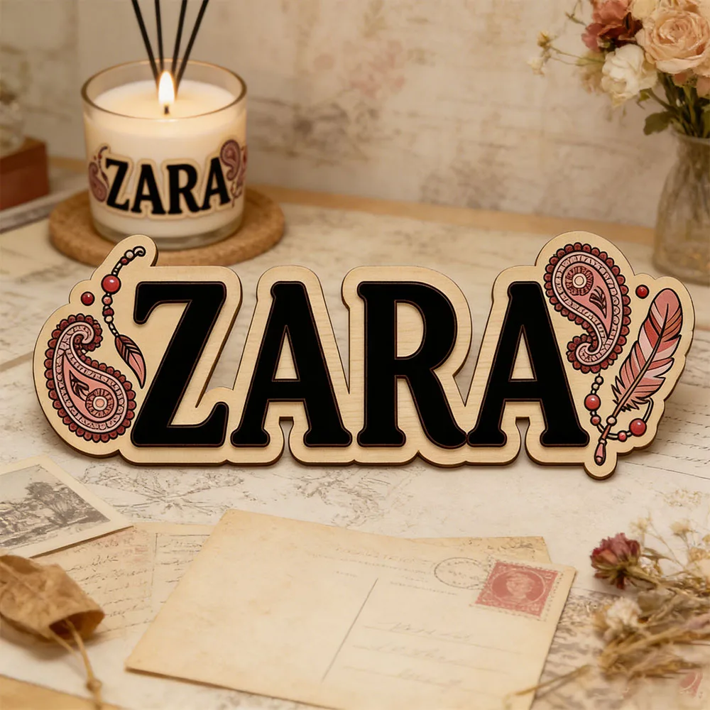 Custom Wooden Name Sign for Girls Boho Paisley Feather Personalized Nursery Wall Decor 3D Letter Door Plaque Baby Shower Gift