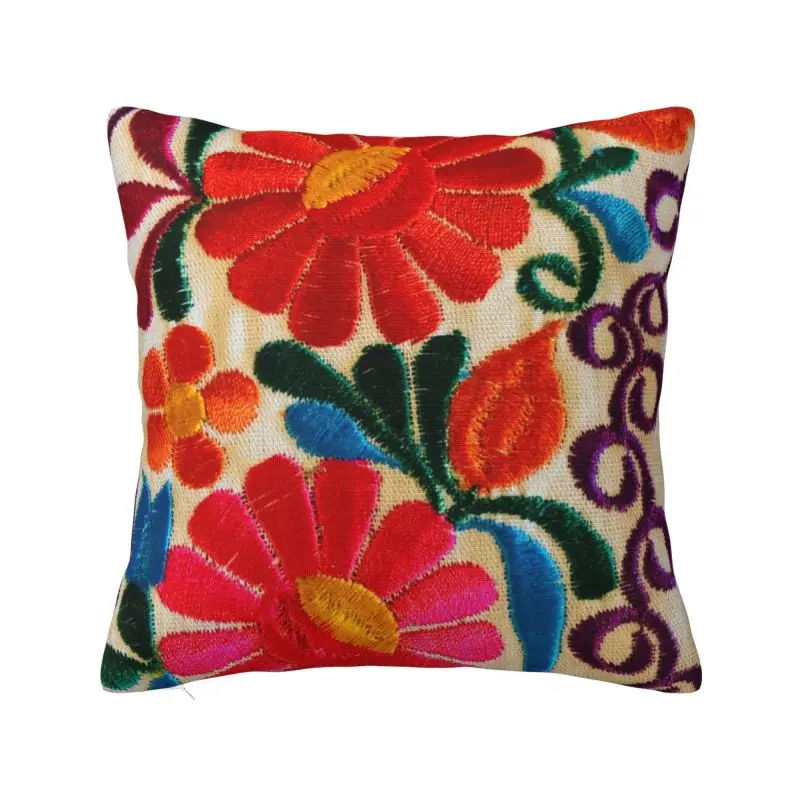 Custom Mexican Flowers Embroidery Art Cushion Covers Sofa Decoration Textile Floral Folk Square Pillow Cover