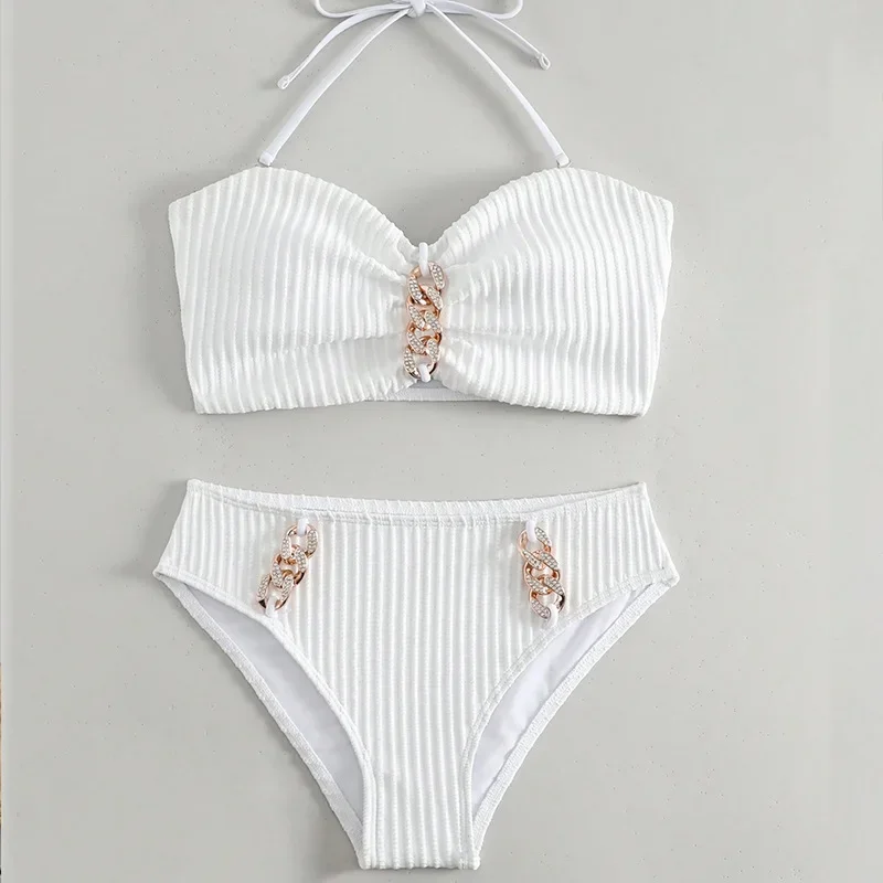 Sexy White High Waist Push Up Swimwear Bikini Set Women Ribbed Swimwear Metal Ring Swimsuit Biquinis Bikini 2024 Mujer