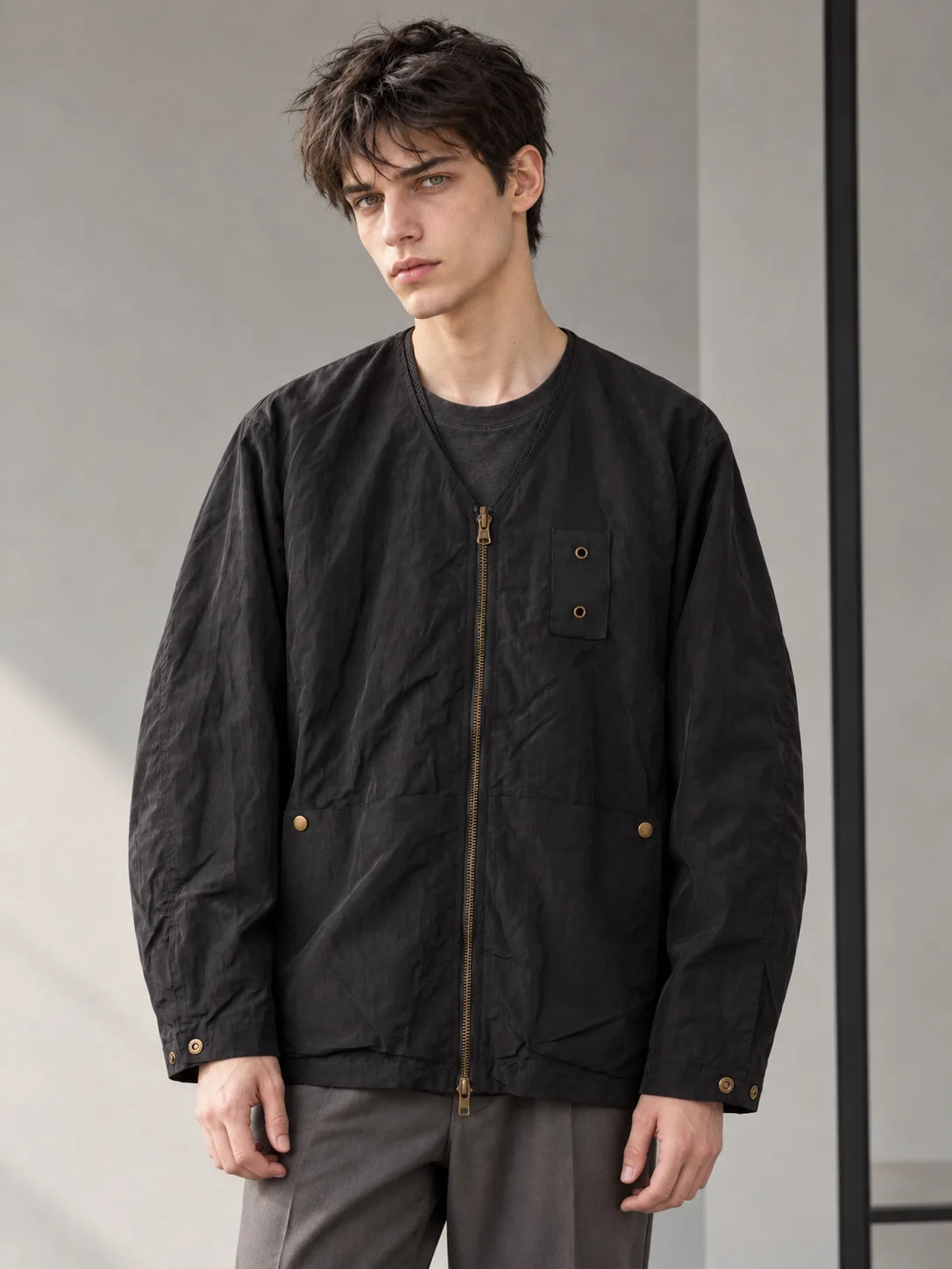 MAZZONNE Men's Black Reversible Nylon Jacket V-Neck Two-Way Zip Utility Pockets Streetwear Outerwear H