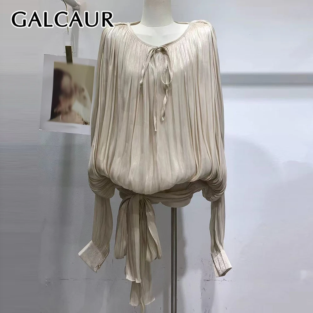 

GALCAUR Solid Spliced Lace Up French Shirt Female O Neck Long Sleeve Loose Elegant Intellectual Women's Shirts Autumn Fashion