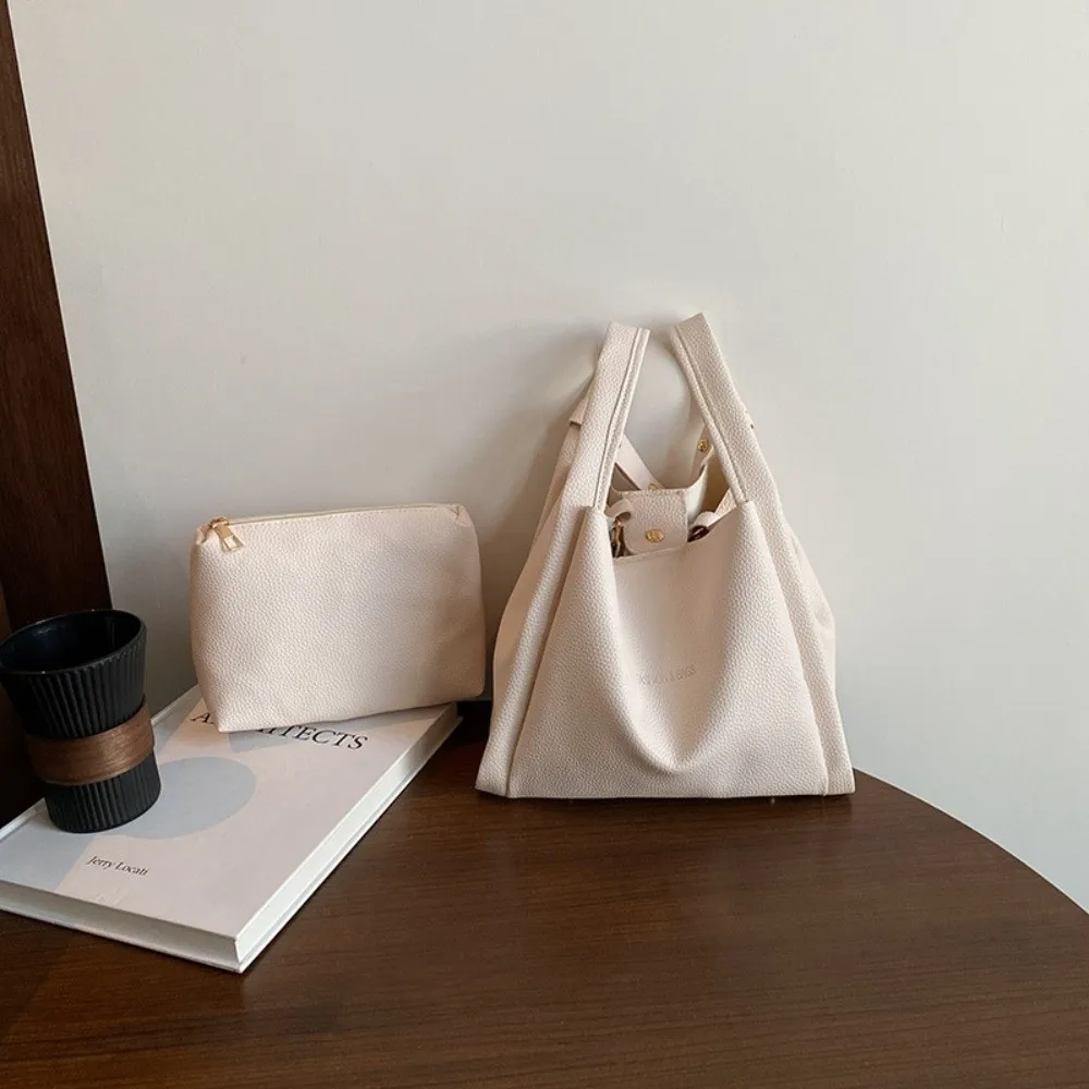 

2pcs/set Versatile Bucket Handbags Solid color Pu Leather Single Shoulder Bag With Small Bag Luxury Underarm Bag Commuting