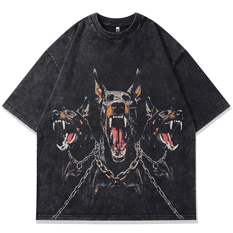 Camisetas lavadas de verano para hombre, camiseta gótica Punk con estampado gráfico de perro Doberman de Hip Hop, ropa de calle, camisetas Vintage de algodón Harajuku